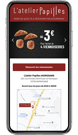 Campagne sms marketing drive to store qui présente l'offre de l'Atelier Papilles