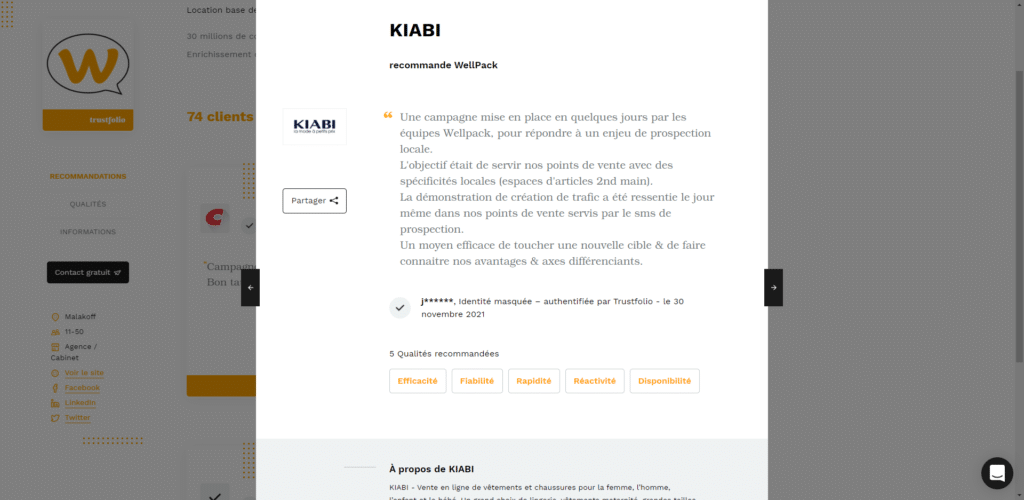Avis Trustfolio de Kiabi sur le SMS marketing