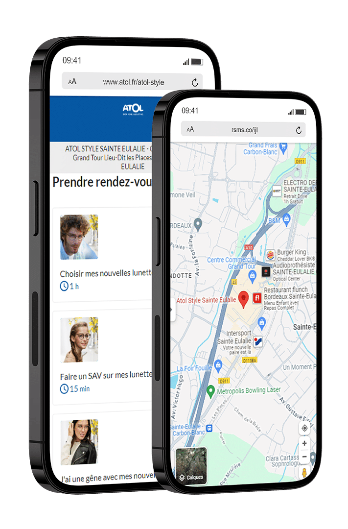 deux smartphone, un avec la map du drive to store et l'autre avec le site web suite aux redirections du SMS marketing